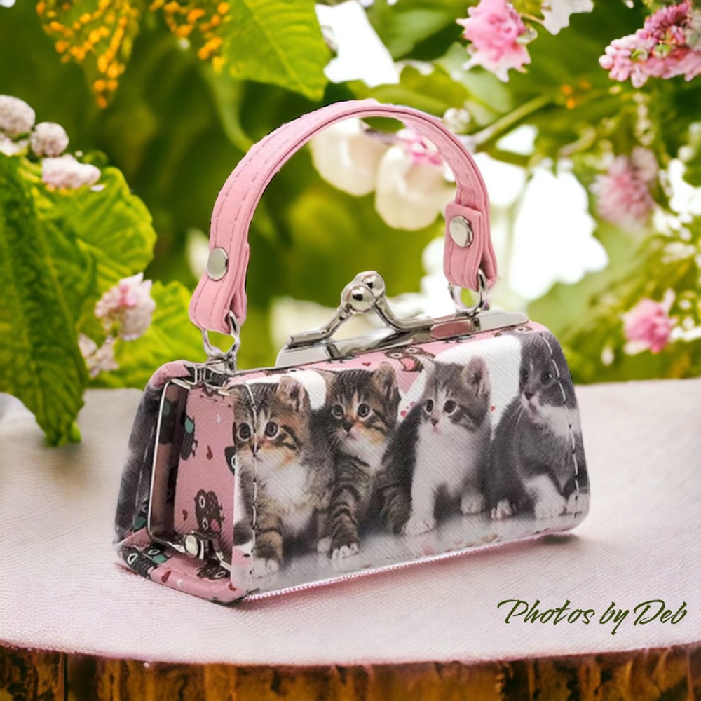 Mini Compact Purse lipstick holder Amore Jewell cat kitten design faux leather